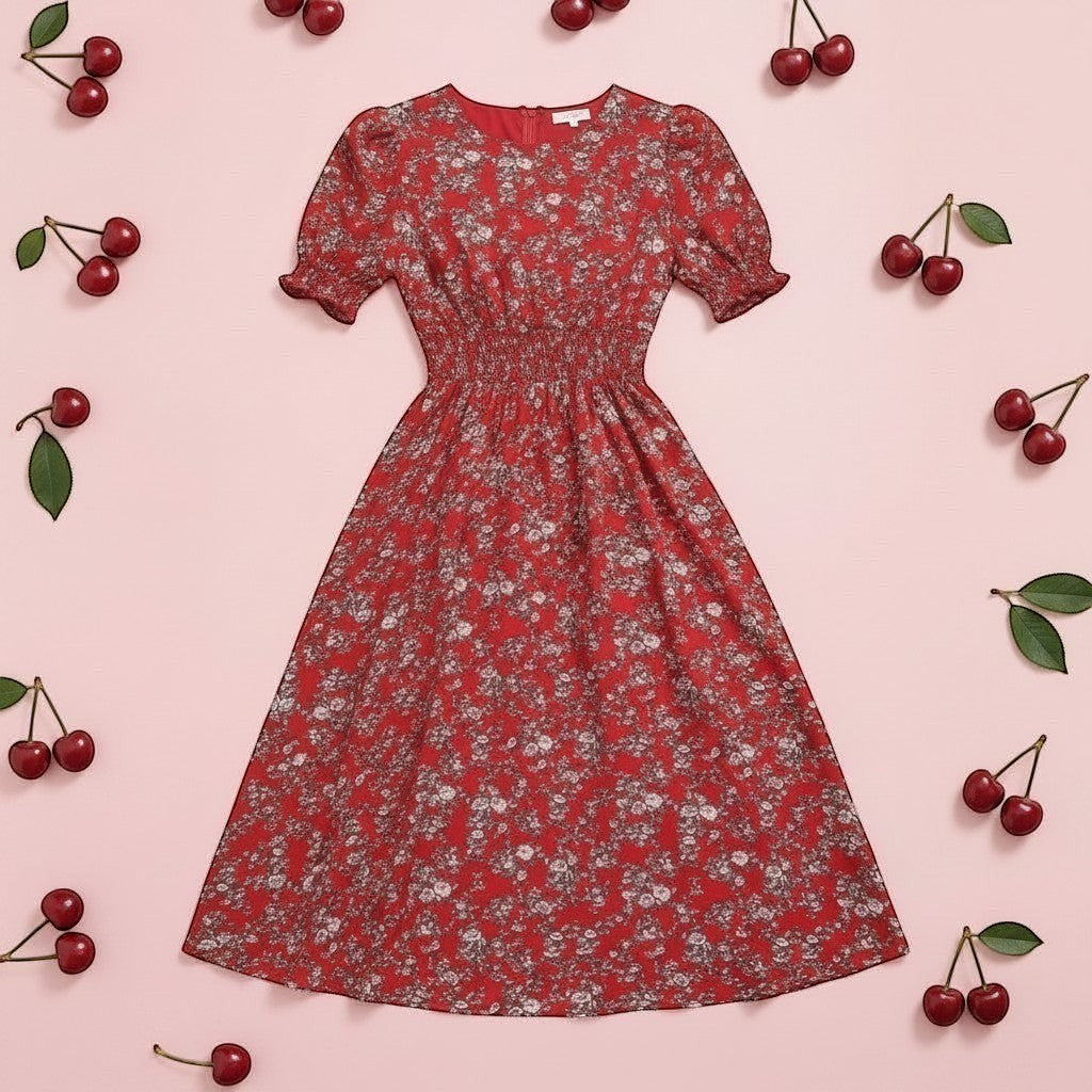 Jelly Studio red floral print tea dress with smocked bodice, square neckline, and puff sleeves.
