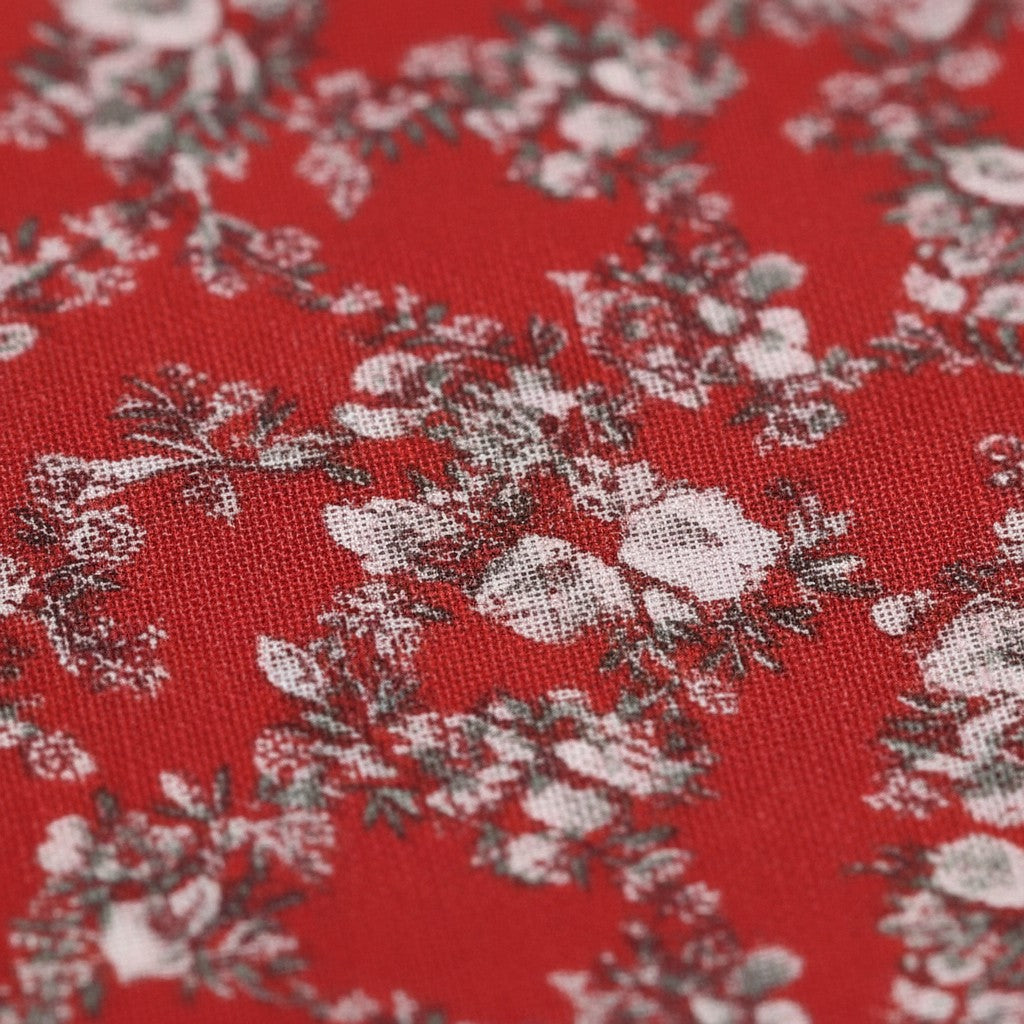 Jelly Studio red floral print tea dress with smocked bodice, puff sleeves, and tiered skirt.