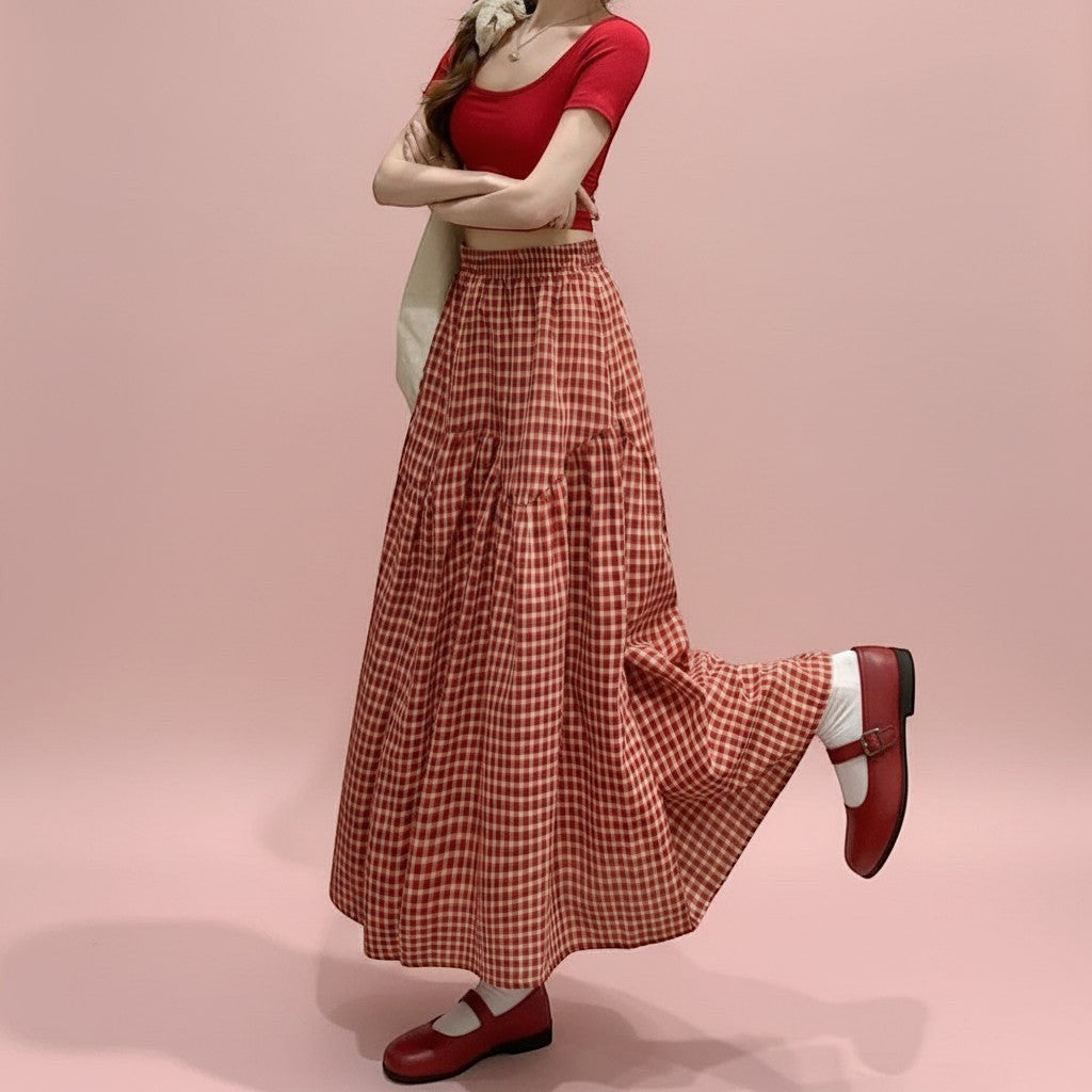 Jelly Studio red and white gingham tiered midi skirt with a high waist and flowy A-line silhouette.