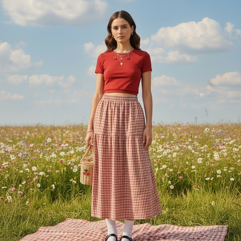 Jelly Studio red and white gingham tiered midi skirt with elastic waist, paired with a red crop top and basket.