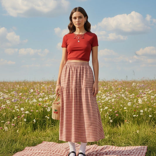 Jelly Studio red and white gingham tiered midi skirt with elastic waist, paired with a red crop top and basket.