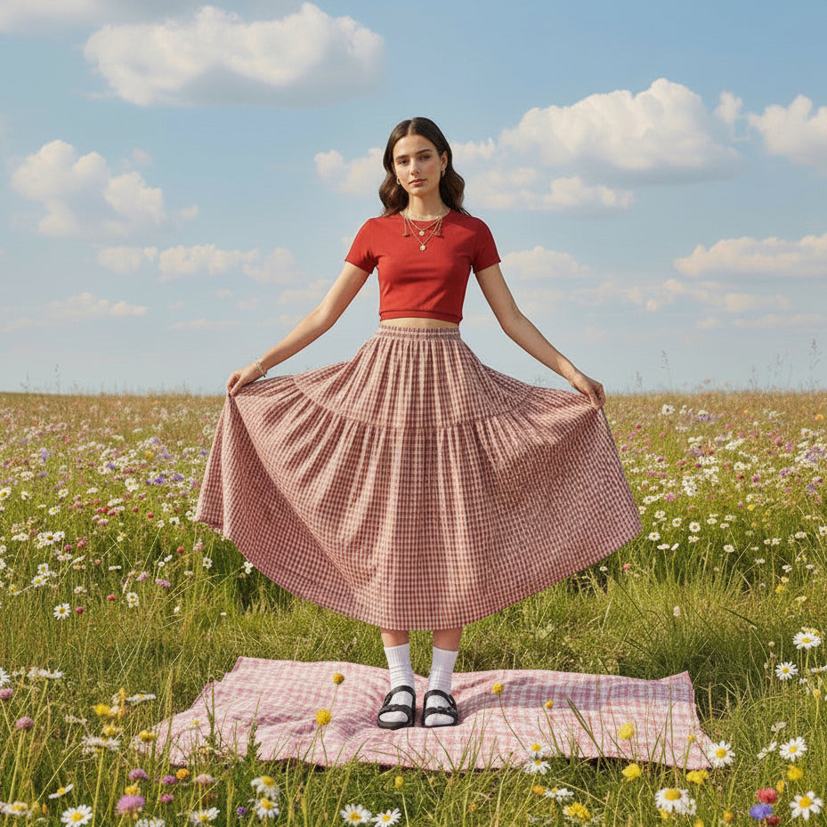 Jelly Studio red gingham tiered midi skirt with high waist, paired with a red crop top and basket bag in a field.