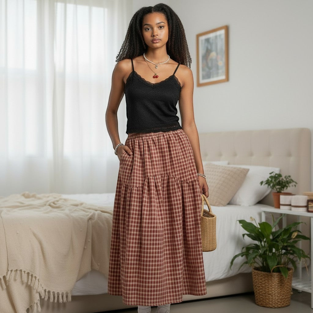 Jelly Studio red and white gingham tiered midi skirt with pockets, high waist, and elastic waistband.