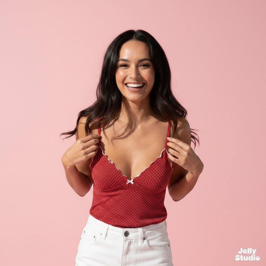 Jelly Studio red polka dot cami with white ruffle trim and adjustable spaghetti straps.