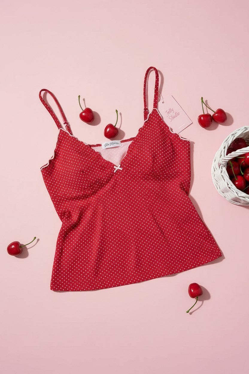 Jelly Studio red polka dot cami with white ruffle trim and adjustable spaghetti straps.