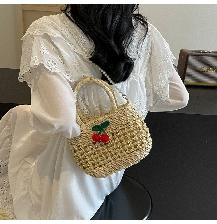 Jelly Studio straw picnic basket with cherry applique and pearl strap
