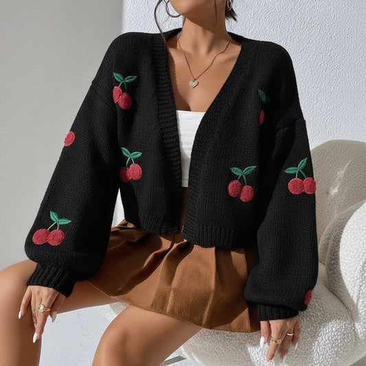 Jelly Studio white knit cardigan with cherry embroidery, long sleeves, and V-neck. Casual style.